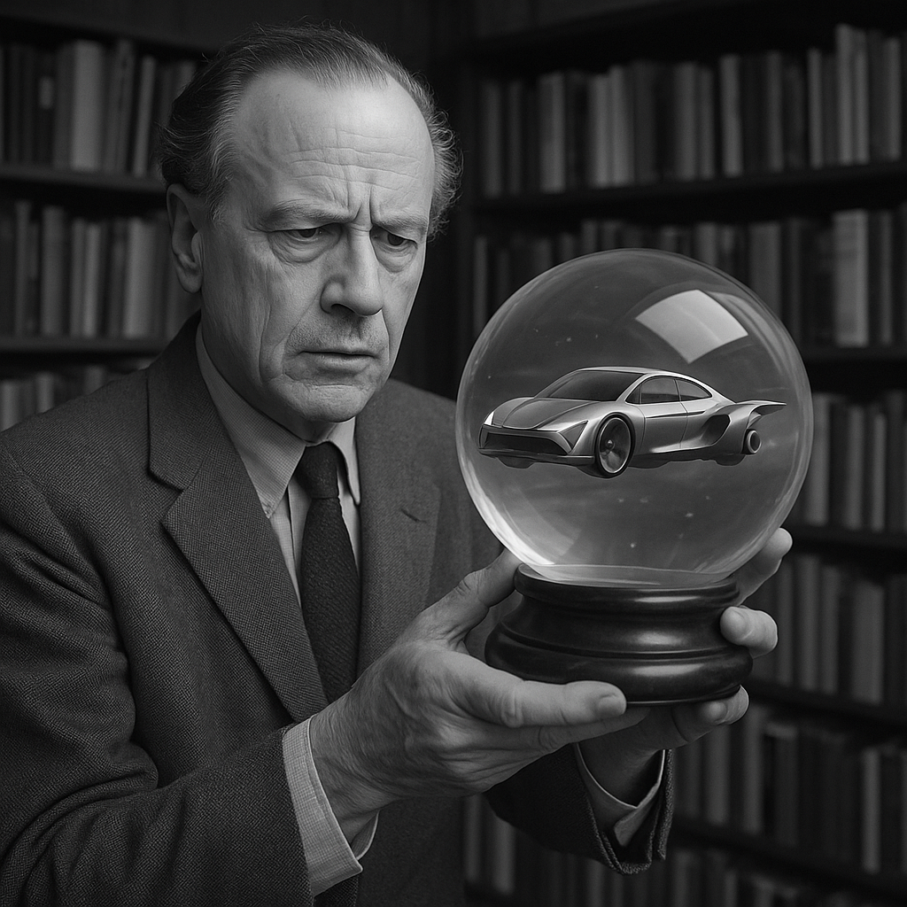 Marshall McLuhan with a futuristic car concept.