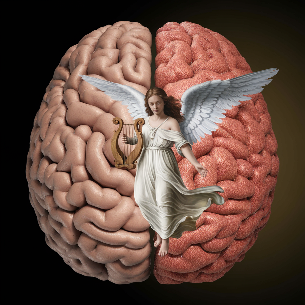 Surreal art: Human brain and an angel with a lyre.