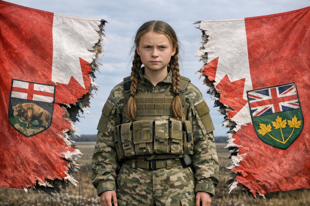 Climate change activist standing with a torn Canadian flag.