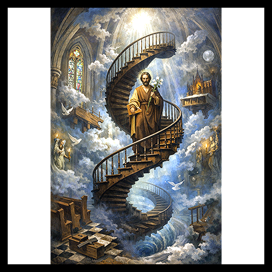 AI-generated illustration of the miraculous St. Joseph staircase at Loretto Chapel.