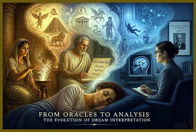 A conceptual graphic illustrating the history and evolution of dream interpretation.